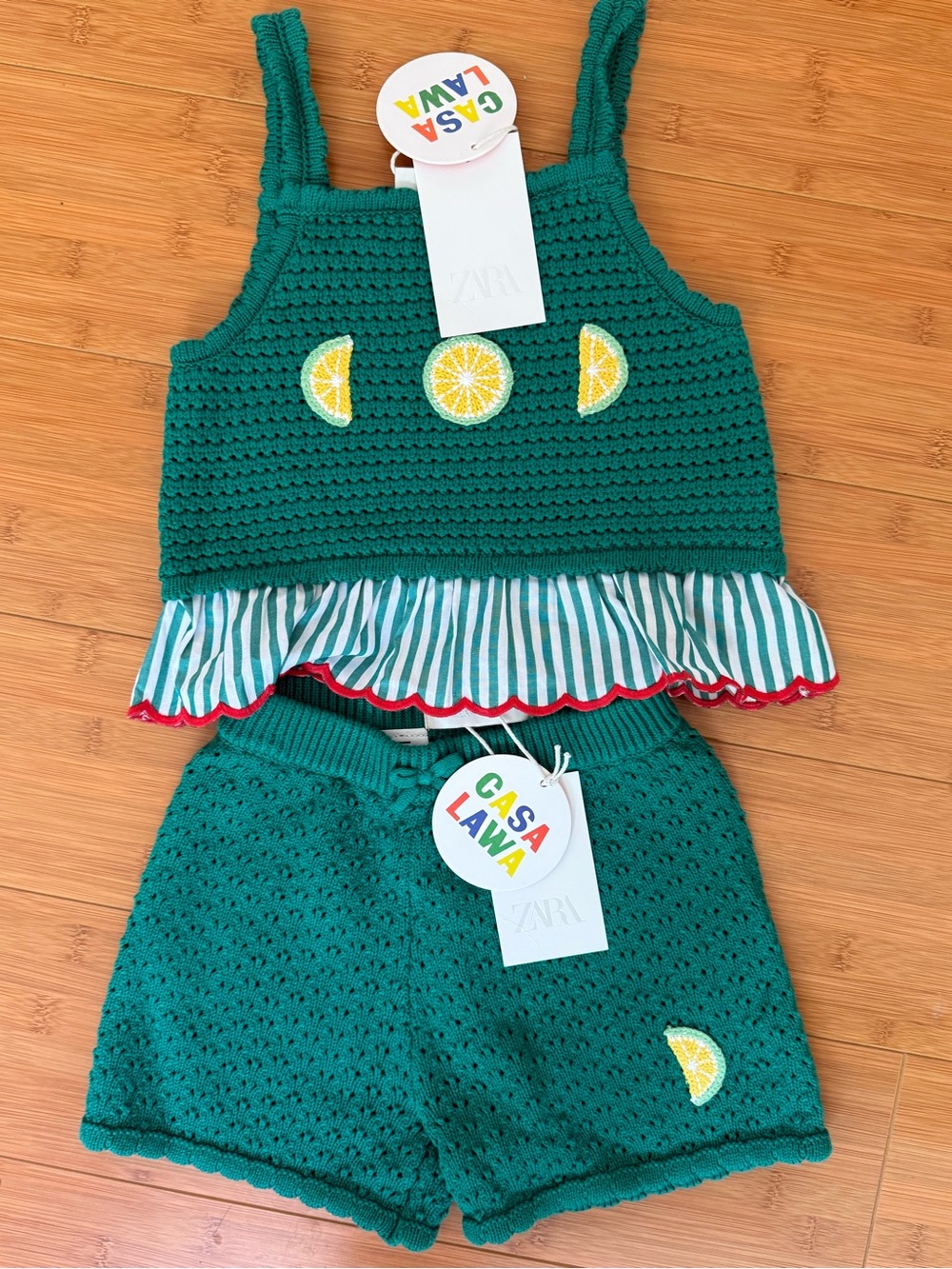 Zara casa lawa Green Crochet Lemon Appliqué Two-Piece Set
